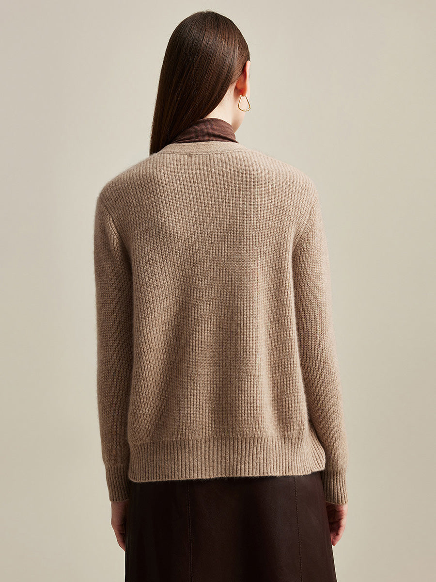 COMOBOCA 100% Cashmere Women's V-Neck Ribbed Button Cardigan