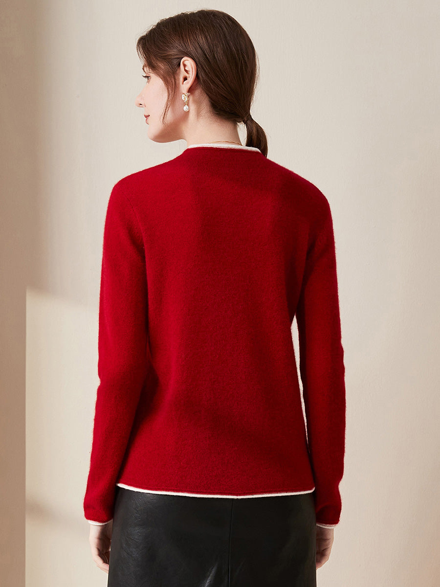COMOBOCA 100% Cashmere Women's Ribbed Contrast Trim Sweater