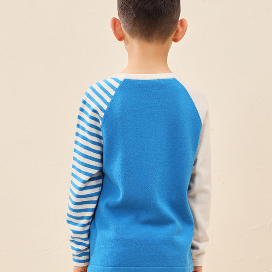 COMOBOCA 100% Wool Kid's Color Block Striped Sleeve Knit Sweater