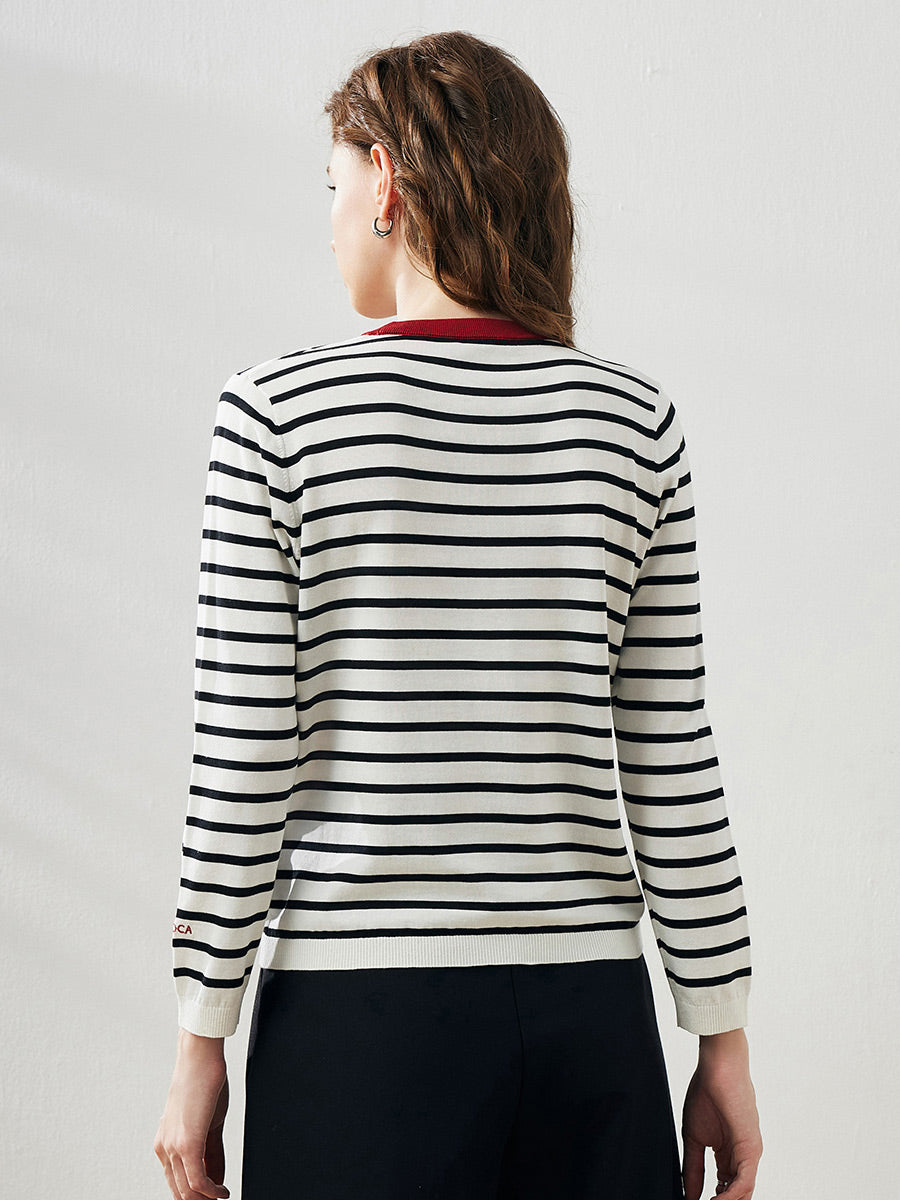 COMOBOCA Women's Striped Heart Embroidered Cotton Silk Sweater