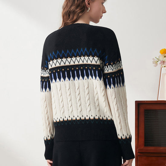 COMOBOCA 100% Wool Women's Nordic Pattern Cable Knit Sweater