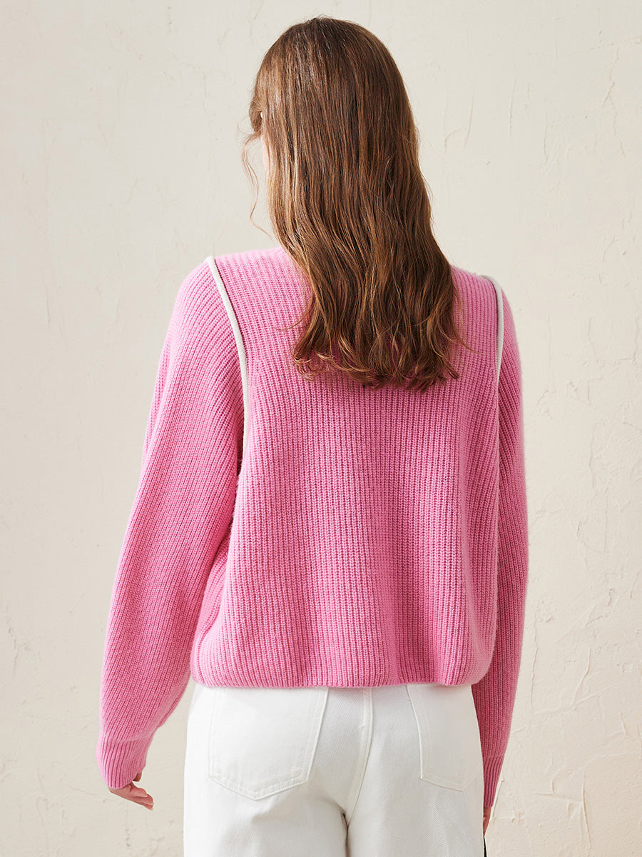 COMOBOCA 100% Wool Women's Color Block Ribbed Knit Sweater