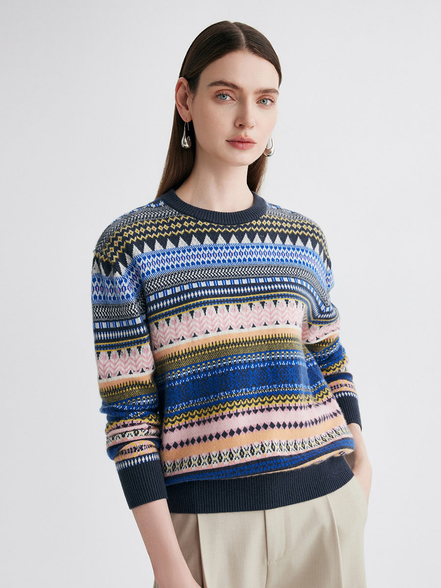 COMOBOCA 100% Cashmere Women's Fair Isle Round Neck Sweater