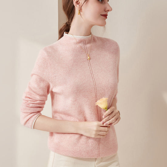 COMOBOCA Light Pink 100% Cashmere Women's Ribbed Contrast Trim Sweater