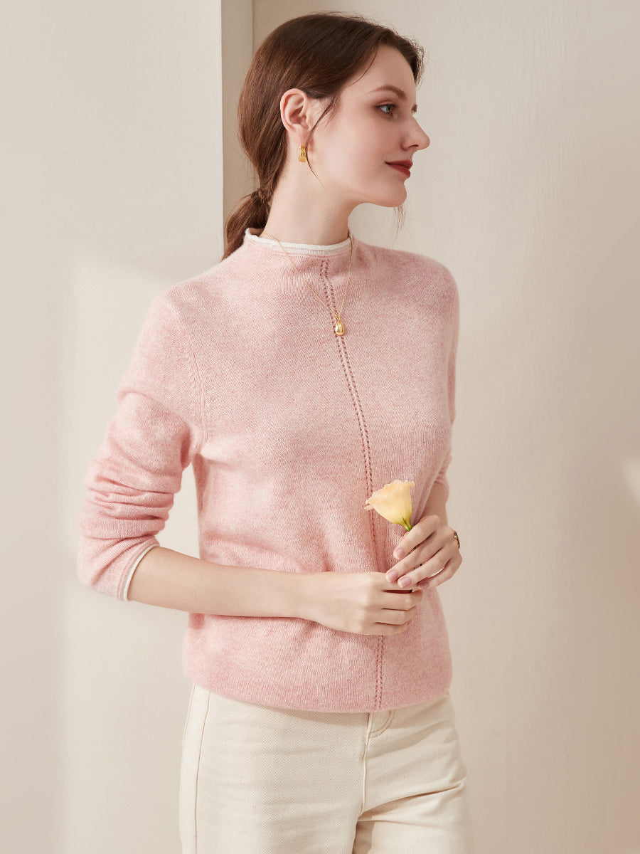 COMOBOCA Light Pink 100% Cashmere Women's Ribbed Contrast Trim Sweater