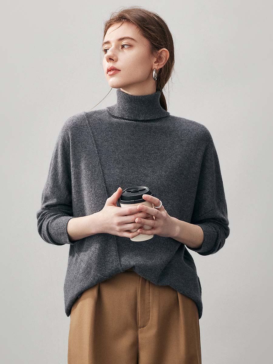 COMOBOCA 100% Cashmere Women's Asymmetric Turtleneck Sweater