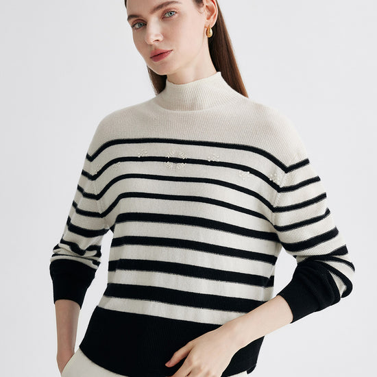 COMOBOCA 100% Cashmere Women's Striped Mock Neck Knit Sweater