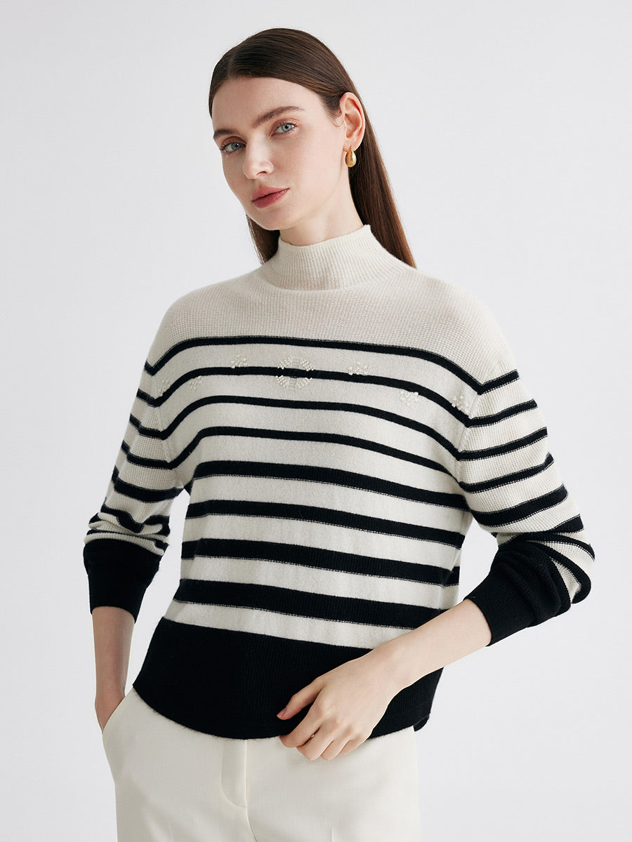 COMOBOCA 100% Cashmere Women's Striped Mock Neck Knit Sweater