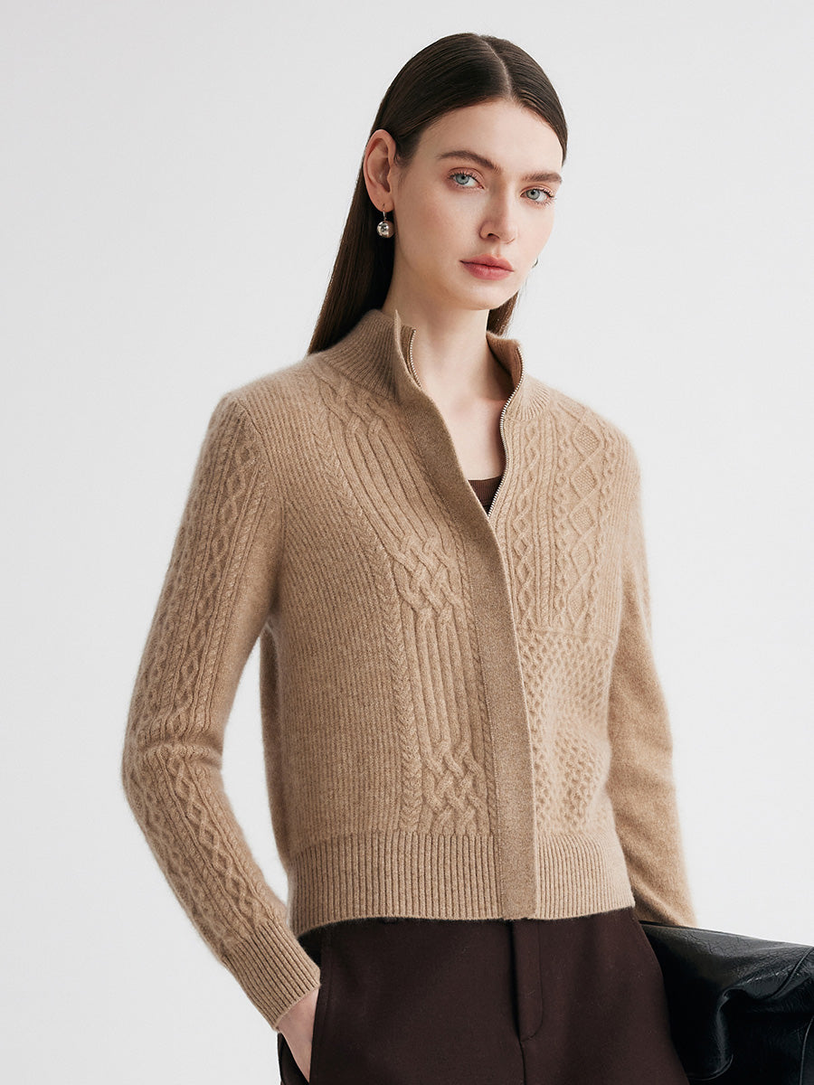 COMOBOCA 100% Cashmere Women's Cable Knit Mock Neck Zip Up Cardigan