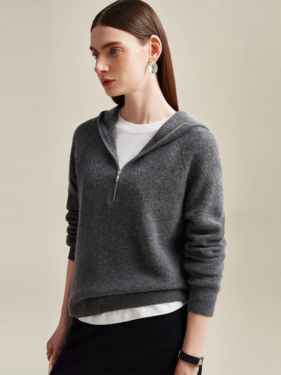 COMOBOCA 100% Cashmere Women's Zip-Up Ribbed Hoodie