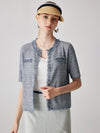 COMOBOCA Dusty Blue Women's Cotton Silk Frayed Edge Button-Up Blouse