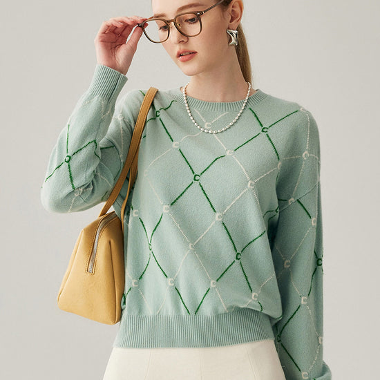 COMOBOCA Moonlight Green 100% Cashmere Women's Diamond Patterned Round Neck Sweater