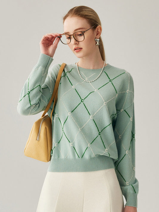 COMOBOCA Moonlight Green 100% Cashmere Women's Diamond Patterned Round Neck Sweater