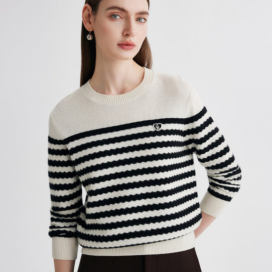 COMOBOCA 100% Cashmere Women's Striped Round Neck Sweater