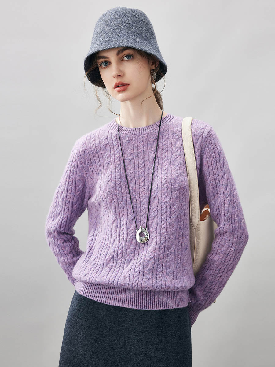 COMOBOCA 100% Cashmere Women's Cable Round Neck Knit Sweater