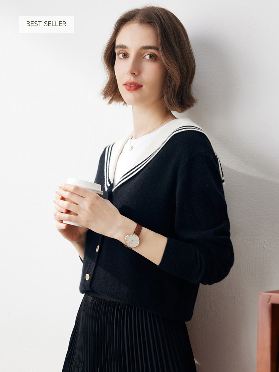 COMOBOCA 100% Cashmere Women's Sailor Collar Cardigan