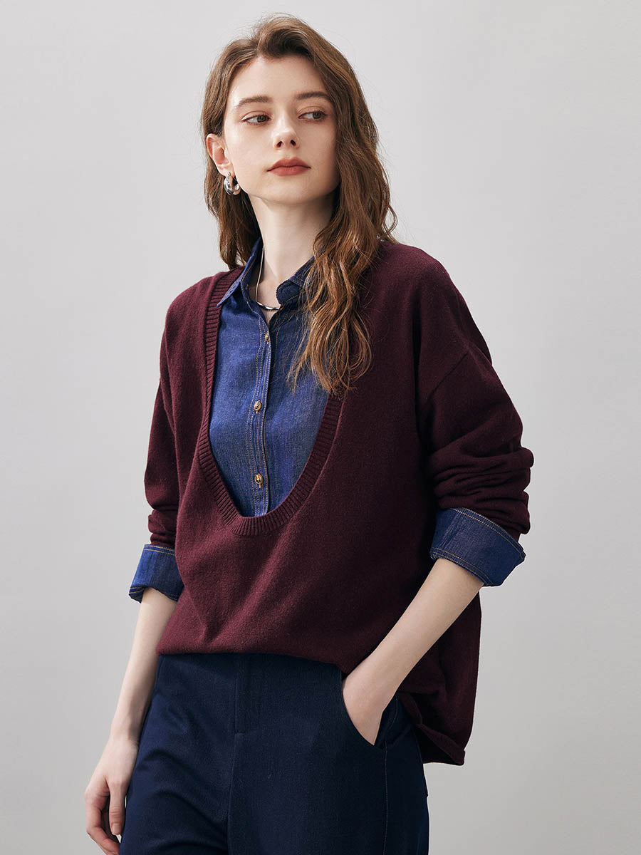 COMOBOCA 100% Wool Women's Oversized U-Neck Sweater