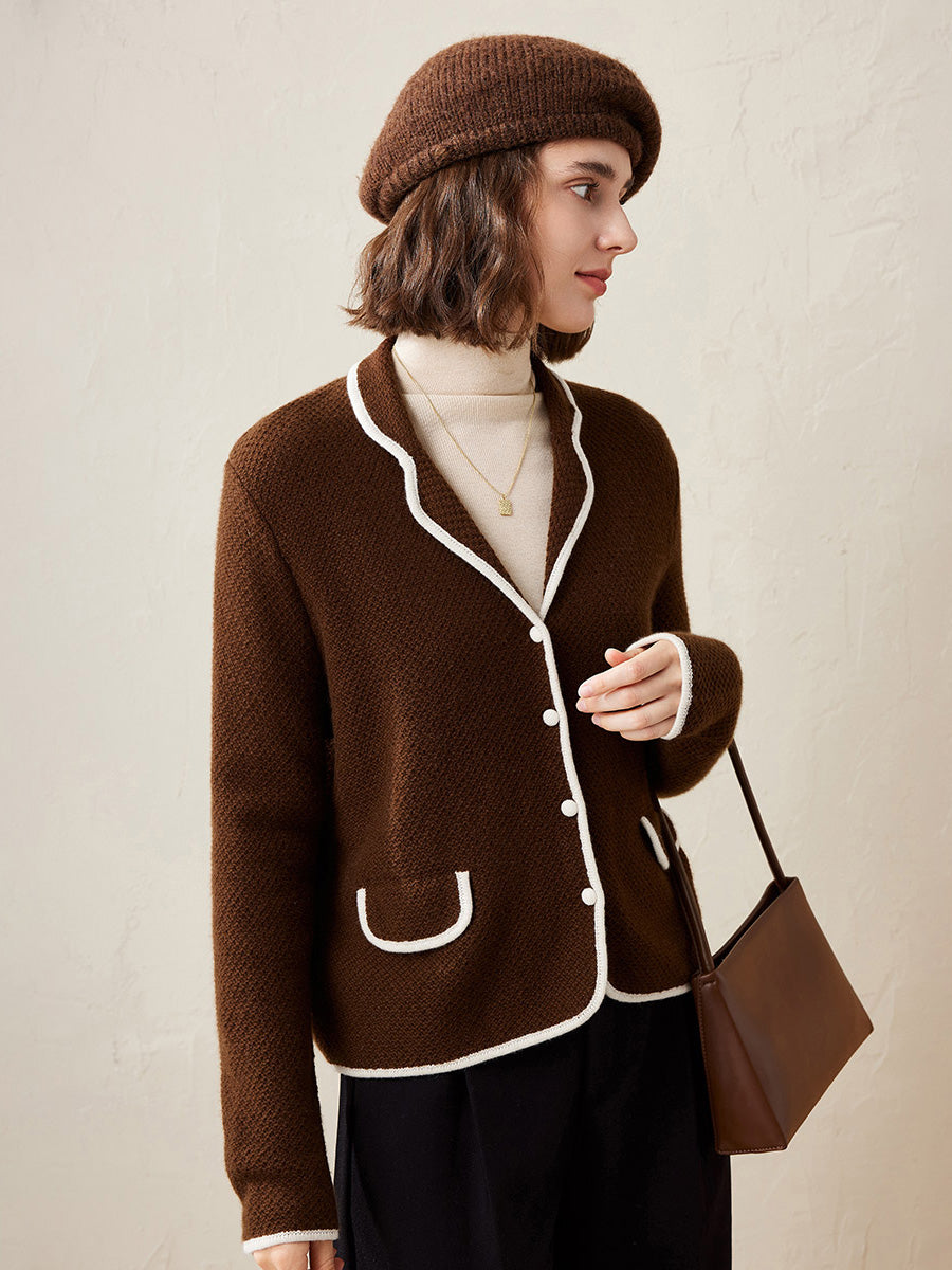COMOBOCA Coffee 100% Cashmere Women's Contrast Trim Knit Cardigan