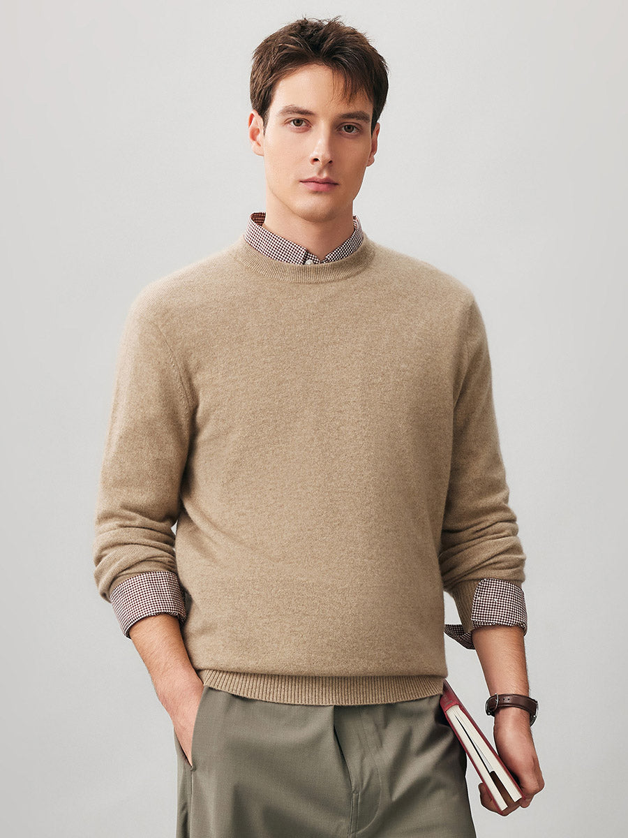 COMOBOCA CAMEL 100% Cashmere Men's Ribbed Round Neck Knit Sweater