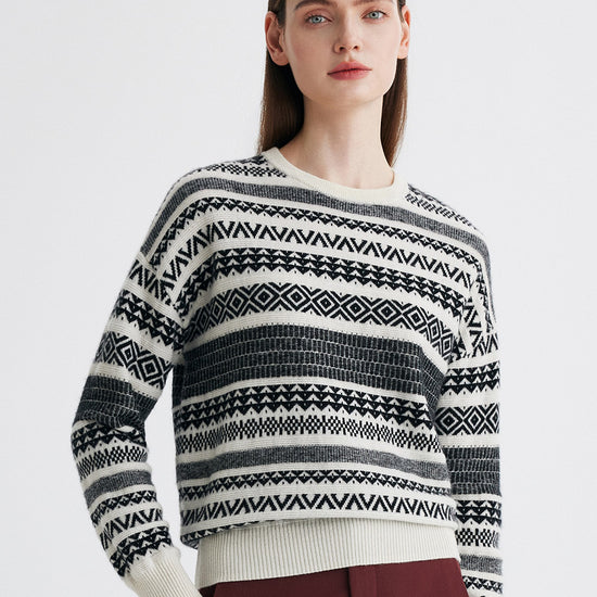 COMOBOCA 100% Cashmere Women's Fair Isle Round Neck Knit Sweater