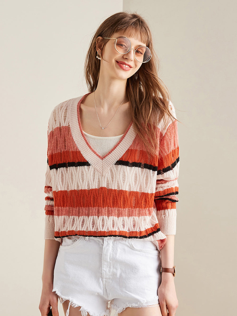 COMOBOCA Brick Red 100% Cashmere Women's Striped V-Neck Knit Sweater