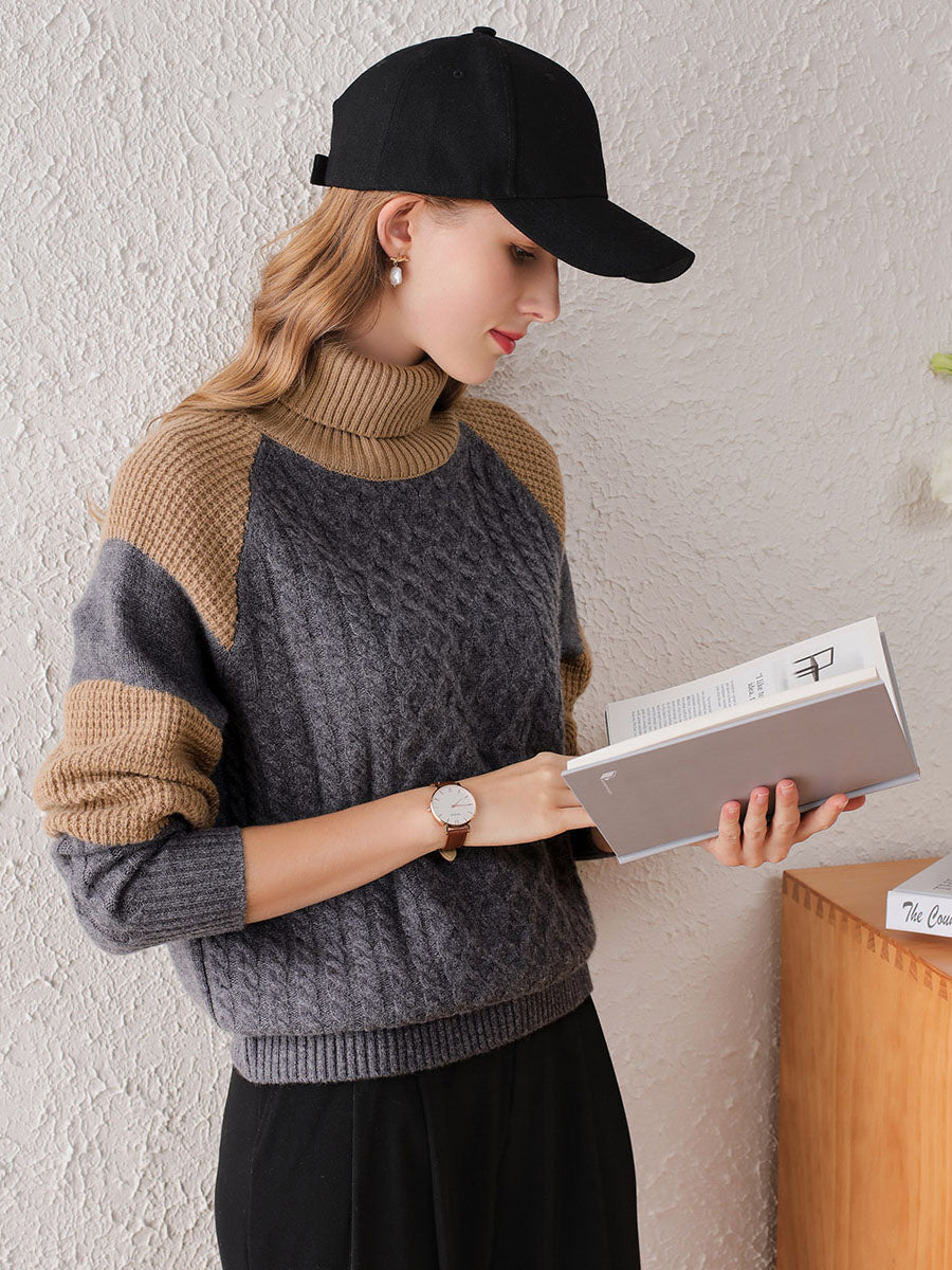 COMOBOCA 100% Cashmere Women's Cable Knit Color Block Sweater