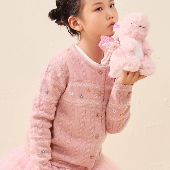 COMOBOCA 100% Wool Kid's Floral Embroidered Cable Knit Cardigan