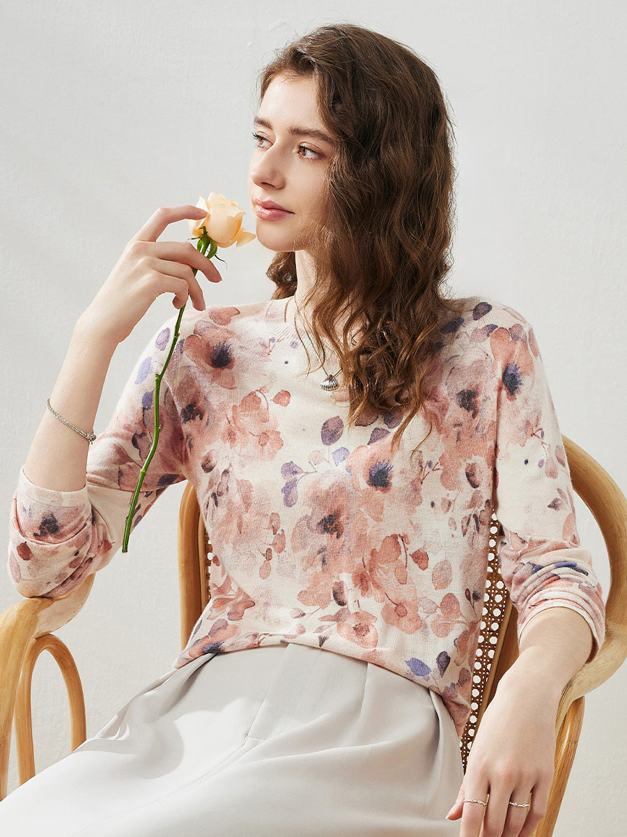 COMOBOCA Women's Floral Round Neck Sweater