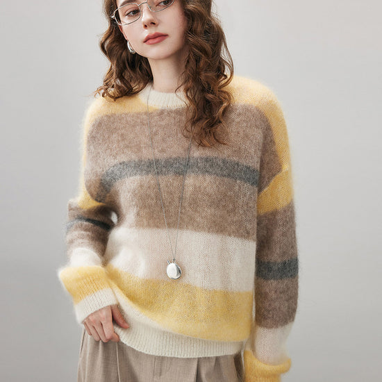 COMOBOCA Yellow Women's Mohair Striped Round Neck Sweater