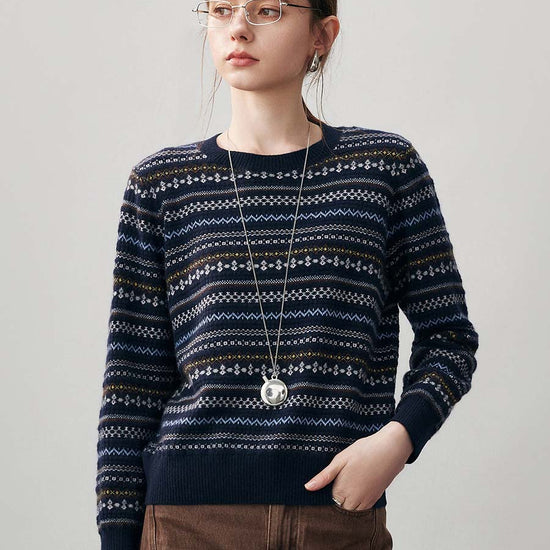 COMOBOCA Navy Blue 100% Cashmere Women's Fair Isle Round Neck Sweater