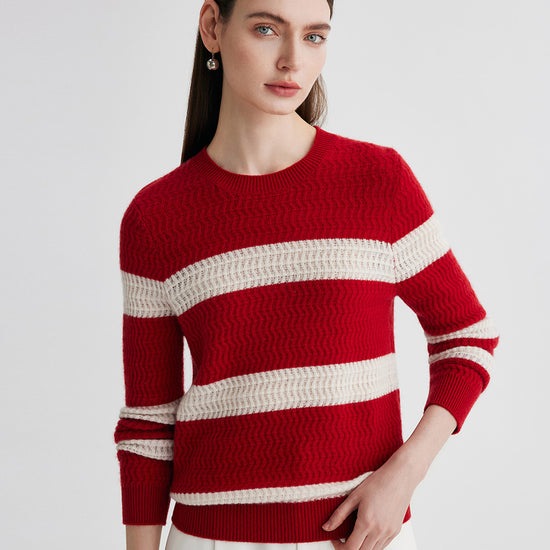 COMOBOCA Striped 100% Cashmere Women's Striped Round Neck Sweater