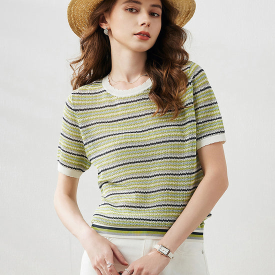 COMOBOCA Green Women's Striped Short Sleeve Knit Sweater