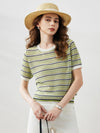 COMOBOCA Green Women's Striped Short Sleeve Knit Sweater