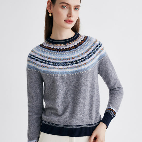 COMOBOCA Light Gray 100% Cashmere Women's Fair Isle Round Neck Sweater
