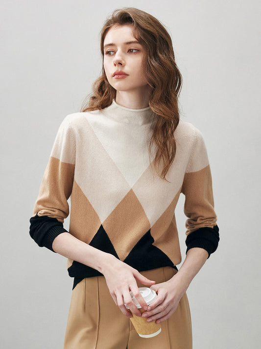 COMOBOCA Geometric 100% Cashmere Women's Turtleneck Geometric Ribbed Sweater