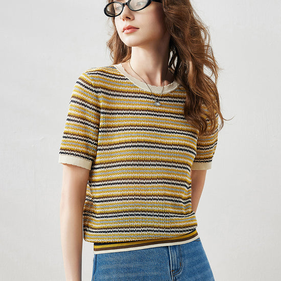 COMOBOCA Women's Striped Short Sleeve Knit Sweater