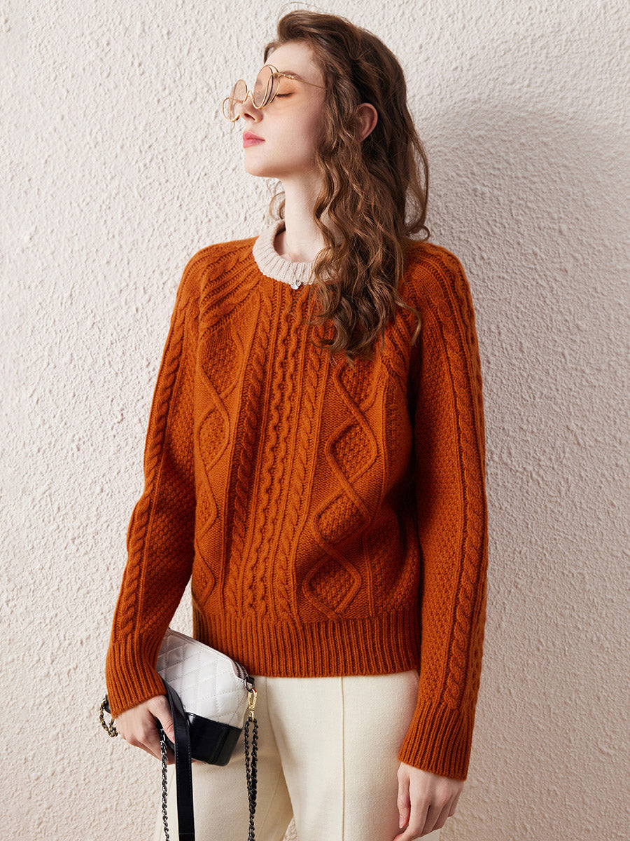 COMOBOCA Orange 100% Wool Women's Contrast Color Cable Knit Sweater