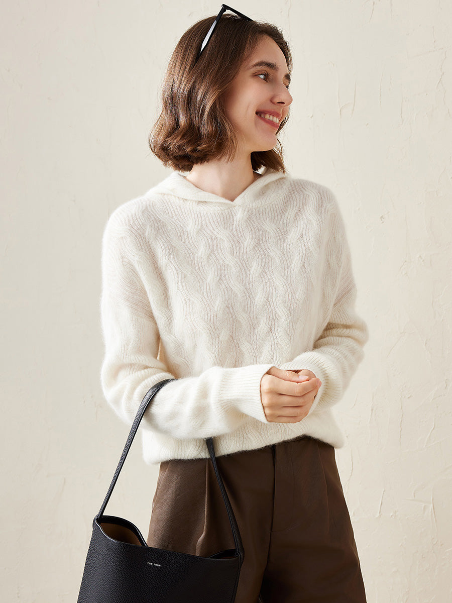 COMOBOCA White 100% Cashmere Women's Cable Knit Hooded Sweater