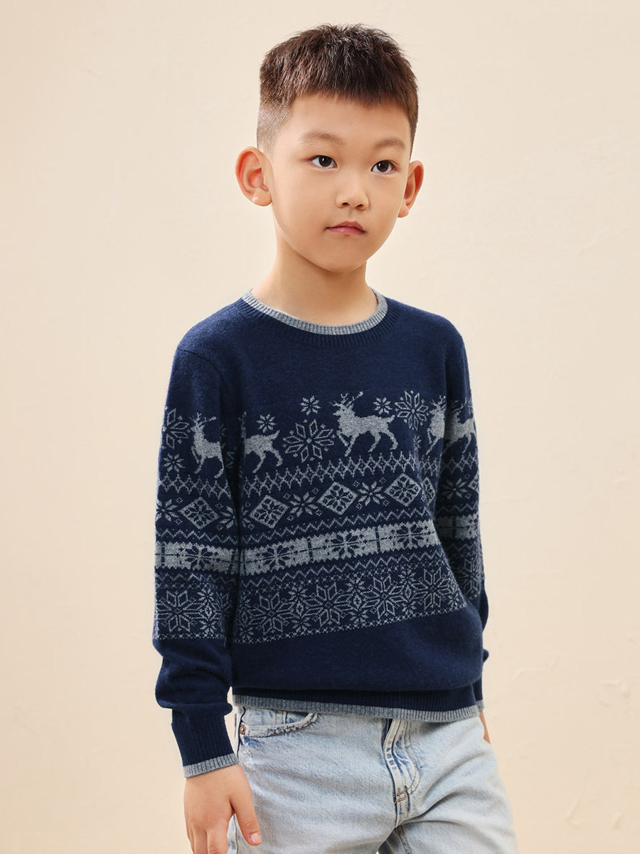 COMOBOCA 100% Wool Kids' Nordic Reindeer Pattern Knit Sweater
