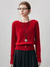 COMOBOCA Red 100% Cashmere Women's Round Neck Button Ribbed Knit Sweater