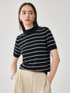 COMOBOCA 100% Wool Women's Mock Neck Striped Ribbed T-Shirt