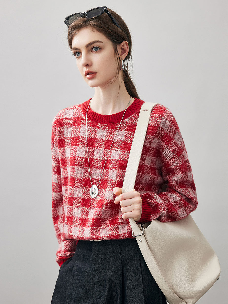 COMOBOCA 100% Cashmere Women's Checkered Round Neck Sweater