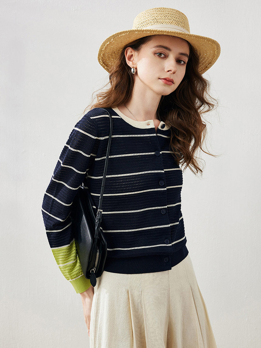 COMOBOCA Women's Striped Ribbed Button Down Cardigan