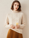 COMOBOCA Beige 100% Cashmere Women's Turtleneck Cable Knit Sweater