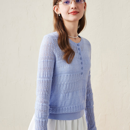 COMOBOCA Light Blue 100% Wool Women's Stylish Lace Knit Sweater
