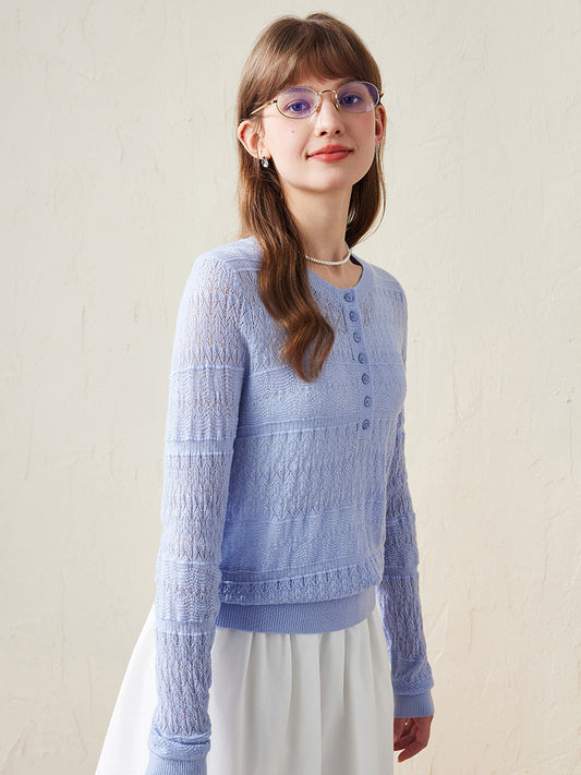 COMOBOCA Light Blue 100% Wool Women's Stylish Lace Knit Sweater