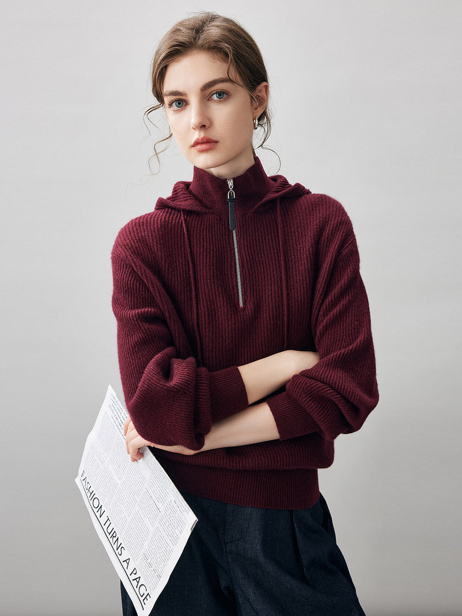 COMOBOCA 100% Cashmere Women's Ribbed Knit Hoodie