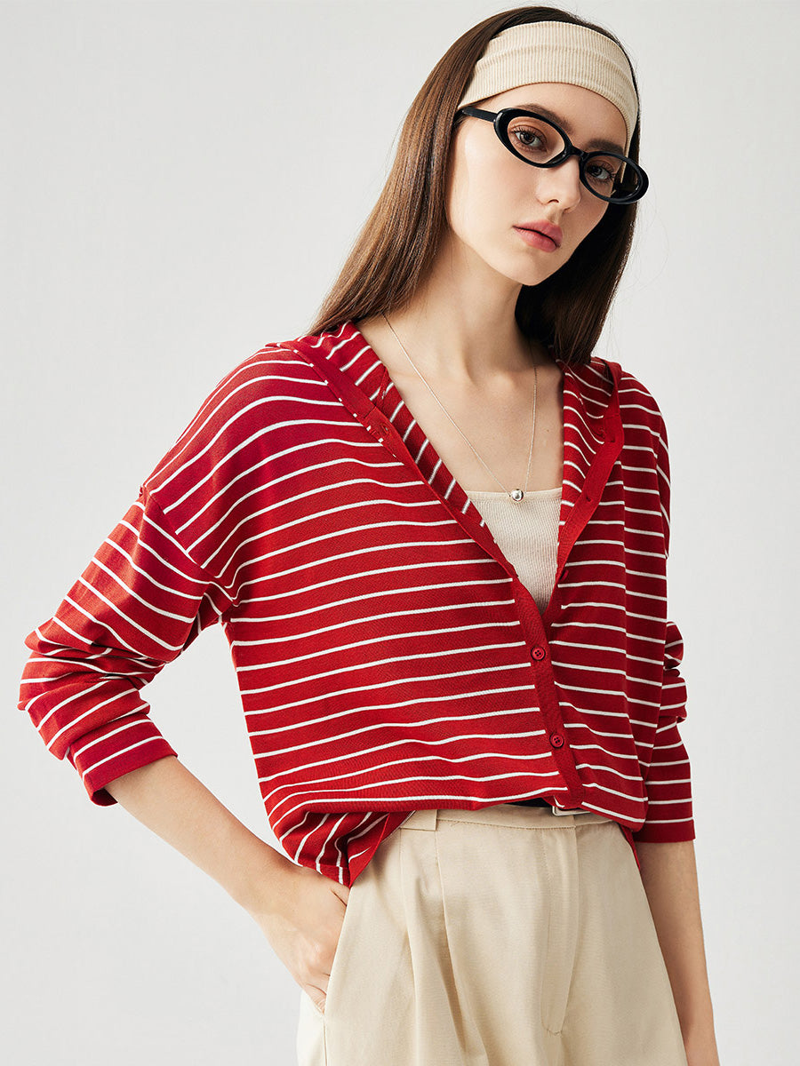 COMOBOCA Women's Striped Button Hooded Cardigan