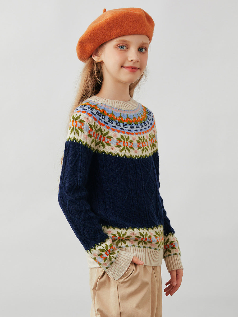 COMOBOCA 100% Wool Kids' Cable Fair Isle Round Neck Sweater