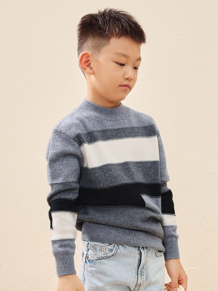 COMOBOCA 100% Wool Kids' Geometric Color Block Striped Knit Sweater